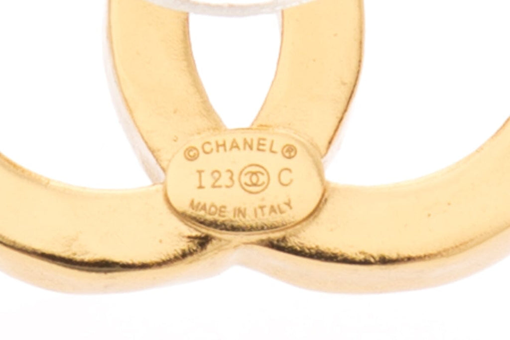 Chanel 2023 White & Gold Interlocking CC Stripe Stud Earrings