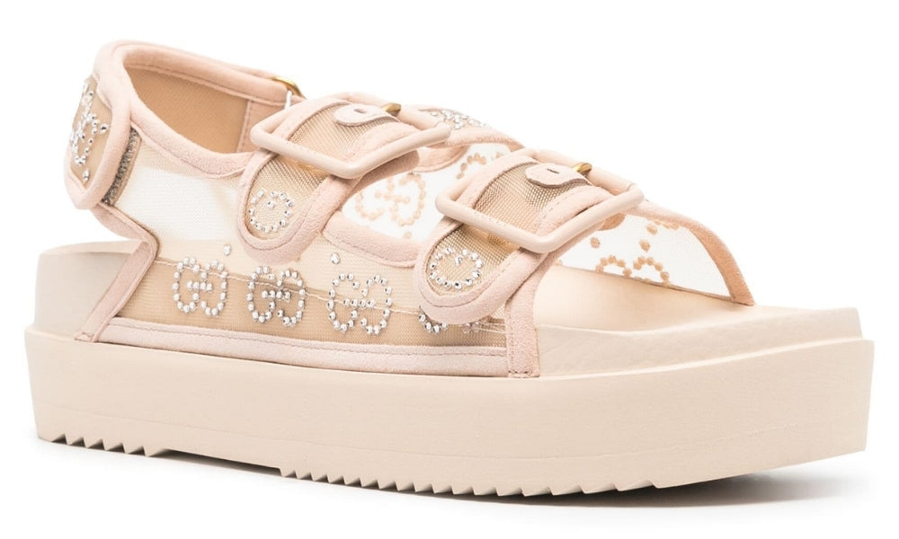 Gucci crystal-embellished monogram-pattern sandals "Blush Beige"