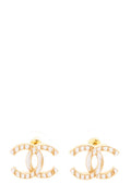 Chanel 2023 White & Gold Interlocking CC Stripe Stud Earrings