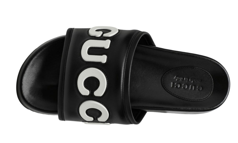 Gucci Black Leather Slide With Logo