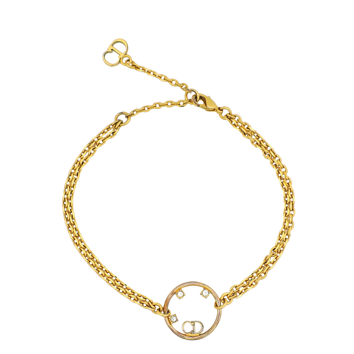 Christian Dior Yellow Gold Finish CD Crystal Station Double Chain Bracelet – Accessorio premium elegante