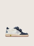 NUOVO ARRIVO - Golden Goose Ball Star Junior in pelle bianca con stella in pelle laminata argento e inserti in pelle blu scuro