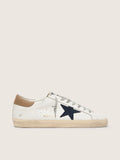 Golden Goose Super-Star Uomo in Pelle Bianca con Stella in Canvas Blu Notte e Talloncino in Pelle Color Tabacco