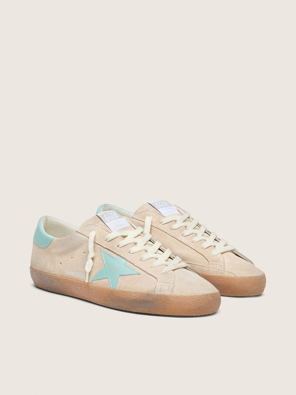Golden Goose Super-Star Uomo in Suede Beige con Stella Verde Acqua