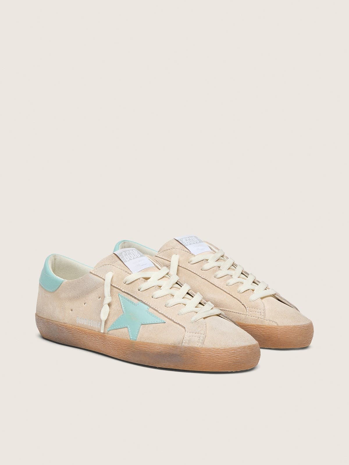 Golden Goose Super-Star Uomo in Suede Beige con Stella Verde Acqua