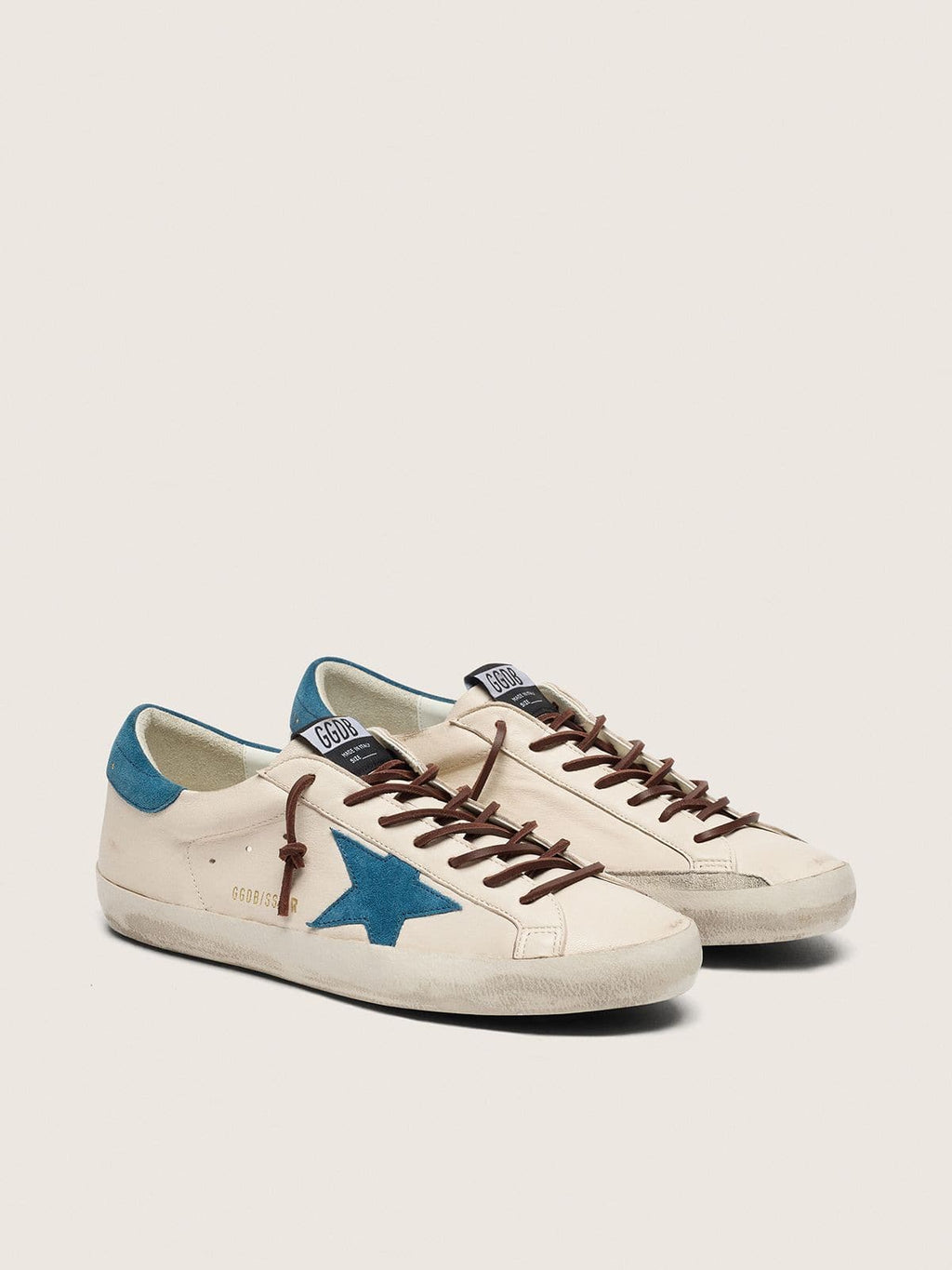 Golden Goose Super-Star Uomo in Pelle Bianca con Stella in Suede Turchese