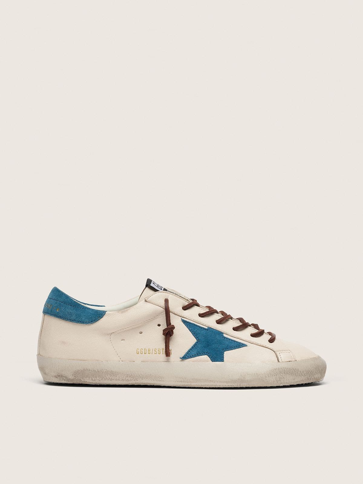 Golden Goose Super-Star Uomo in Pelle Bianca con Stella in Suede Turchese