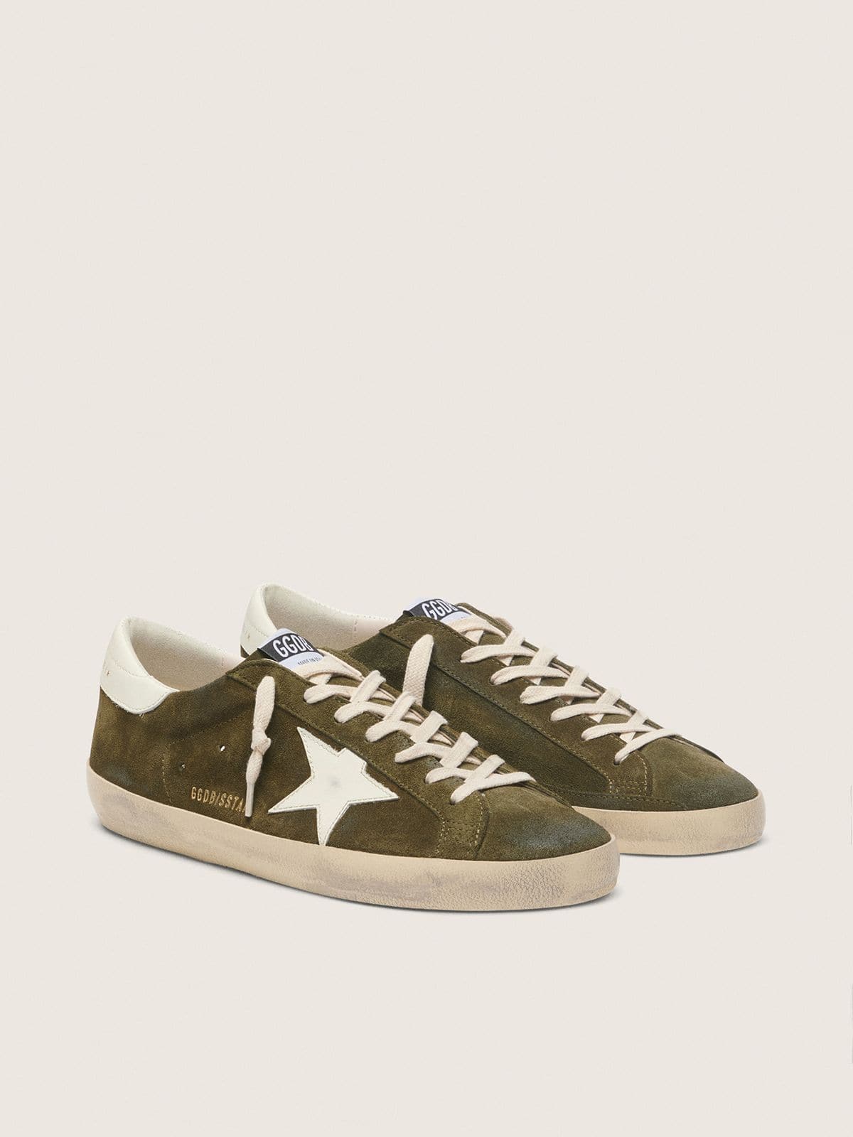 Golden Goose Super-Star Uomo in Suede Verde Oliva con Stella in Pelle Bianca