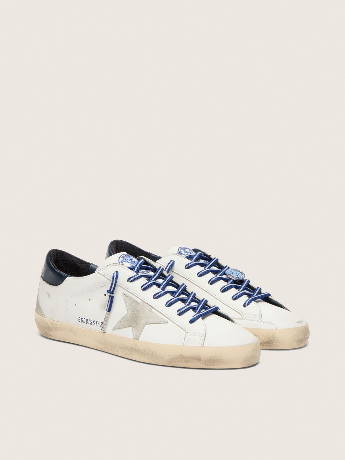 Golden Goose Super-Star Uomo Ltd in Pelle Bianca con Stella in Suede e Talloncino in Pelle Blu