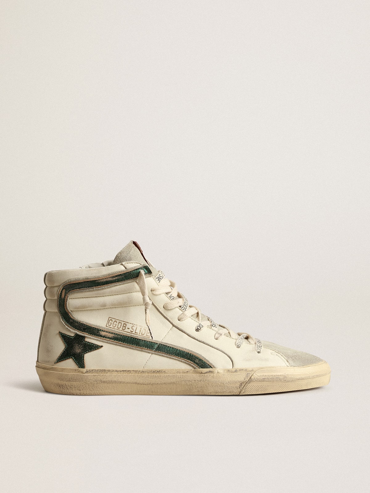 Golden Goose Slide in Nappa Beige con Stella e Virgola in Pelle Laminata Verde