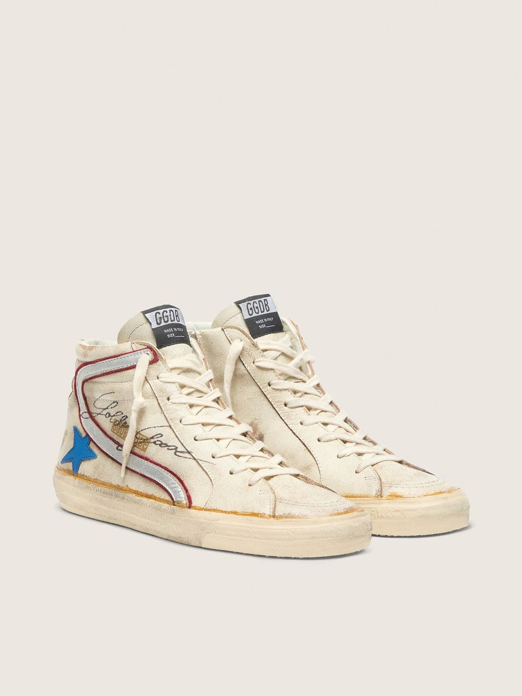 Golden Goose Slide Uomo con Stella in Pelle Azzurra e Virgola in Pelle Laminata Argento
