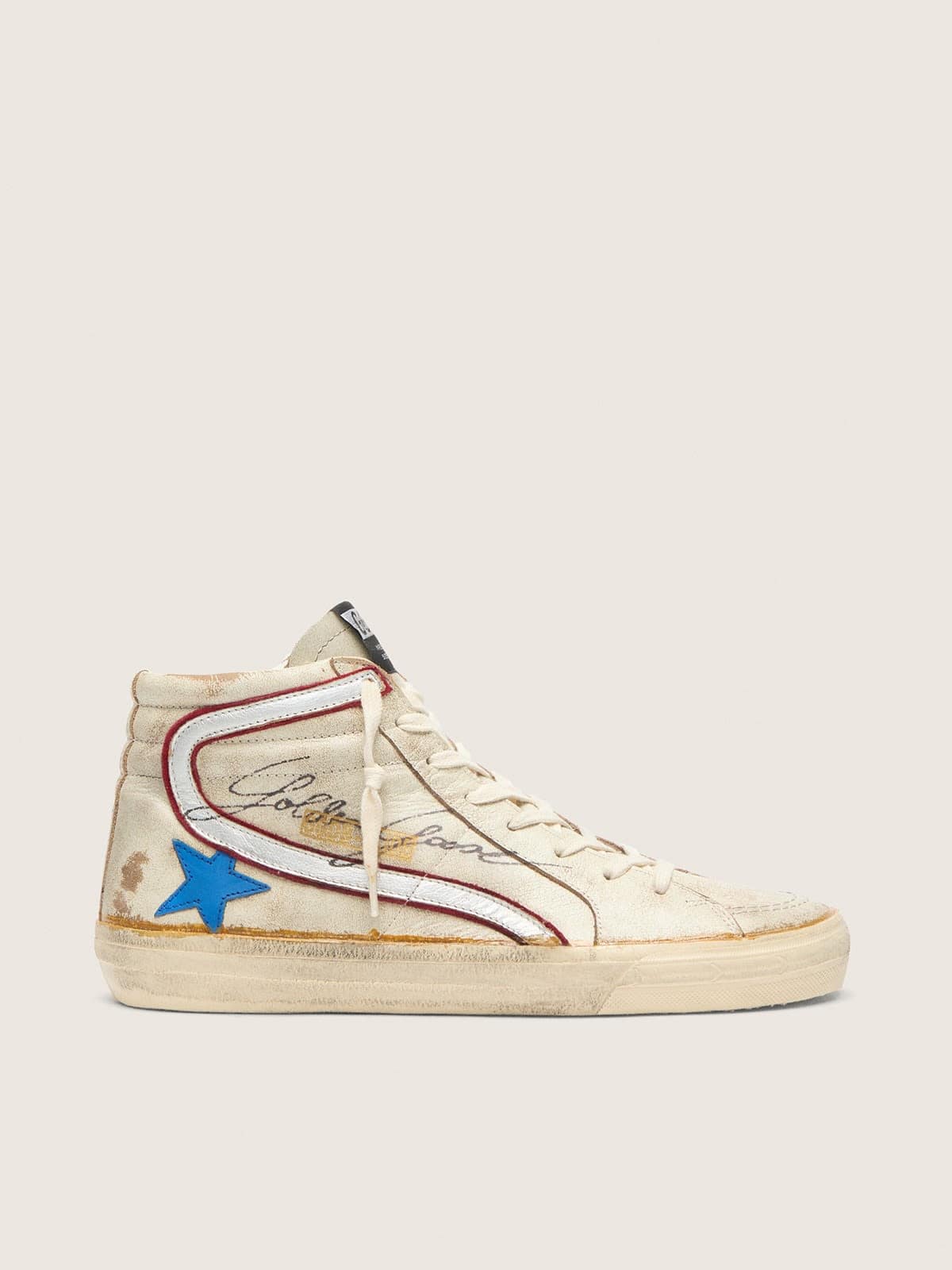 Golden Goose Slide Uomo con Stella in Pelle Azzurra e Virgola in Pelle Laminata Argento