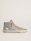 Golden Goose Slide Uomo in Canvas Azzurro con Virgola in Pelle Laminata Argento