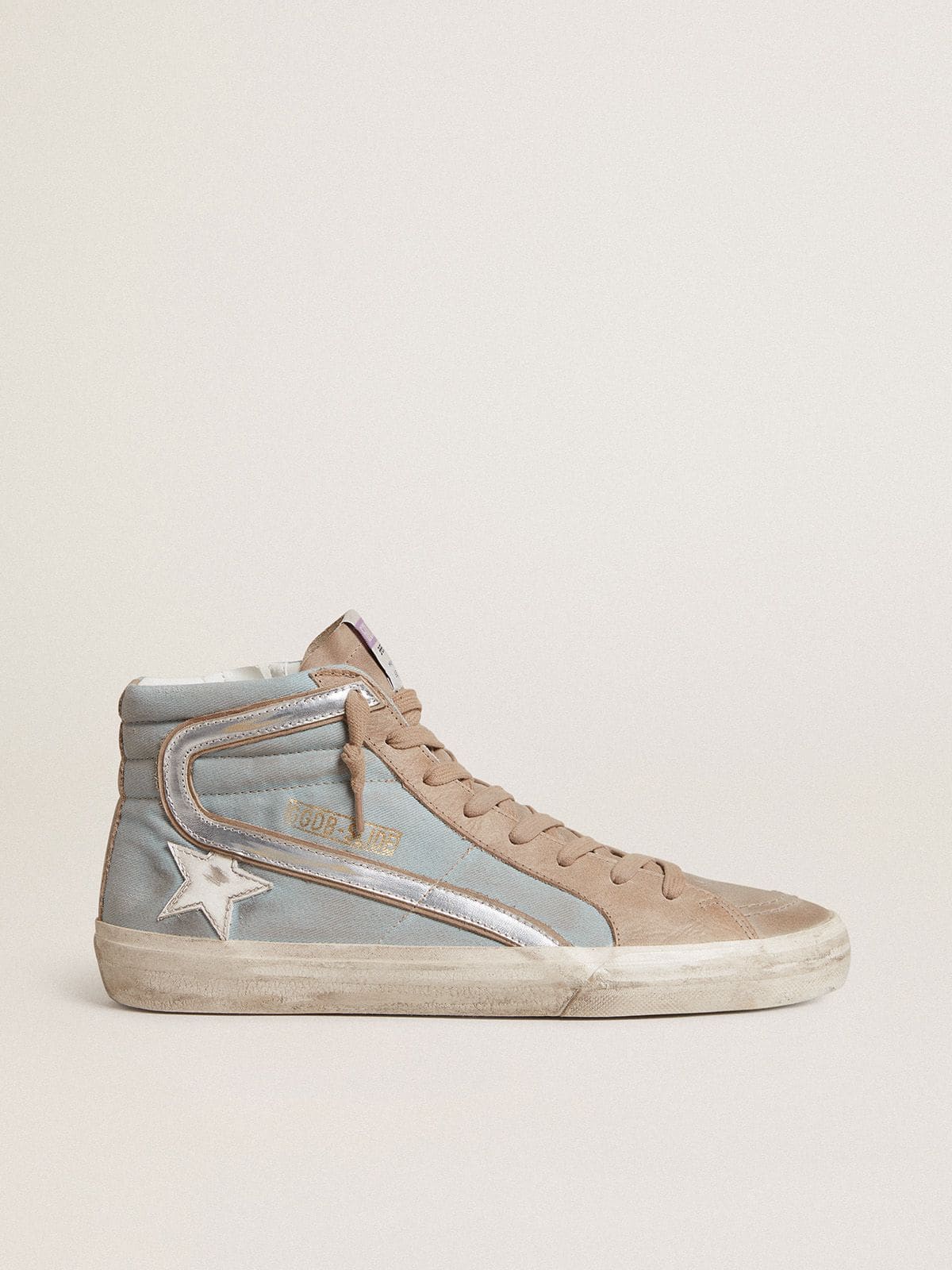 Golden Goose Slide Uomo in Canvas Azzurro con Virgola in Pelle Laminata Argento