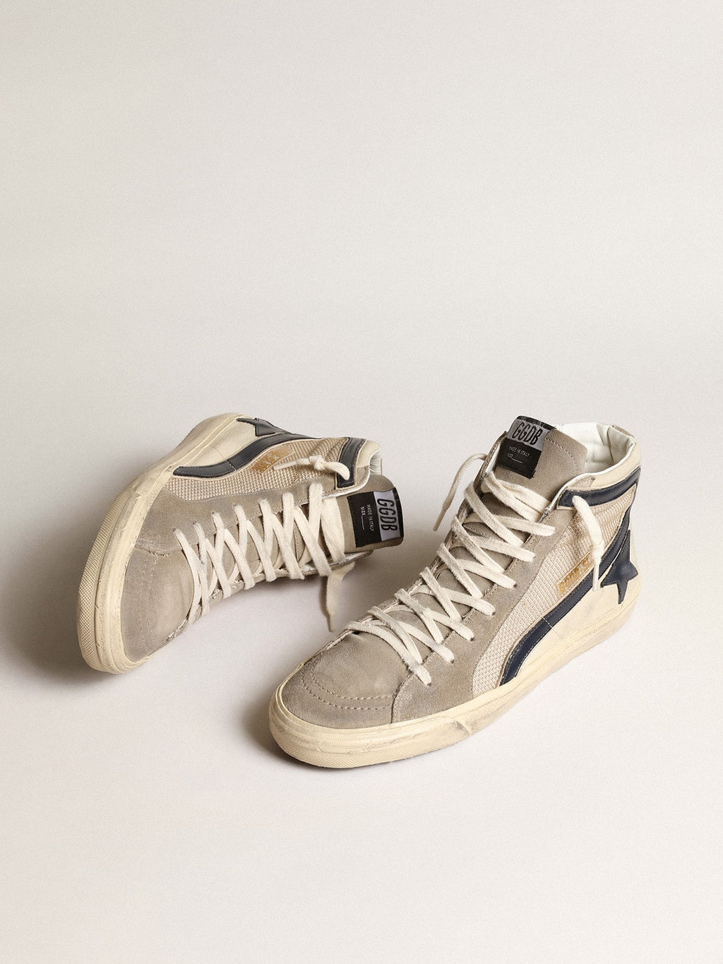 Golden Goose Slide in Rete e Nylon Beige con Stella e Virgola in Pelle Blu