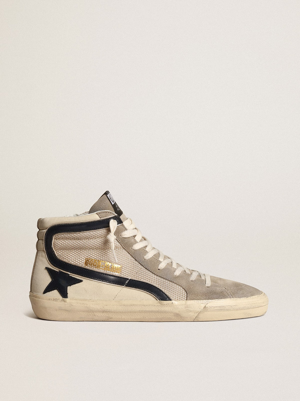 Golden Goose Slide in Rete e Nylon Beige con Stella e Virgola in Pelle Blu