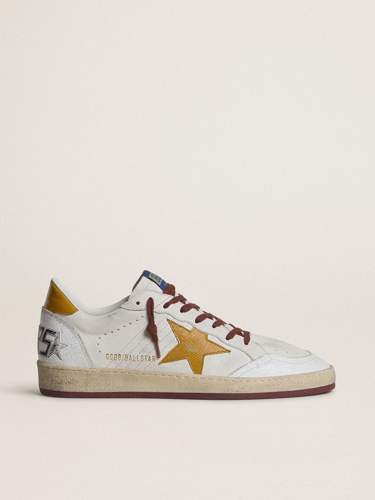 Golden Goose Ball Star Uomo in Nappa Bianca con Stella e Talloncino in Pelle Gialla con Motivo Animalier