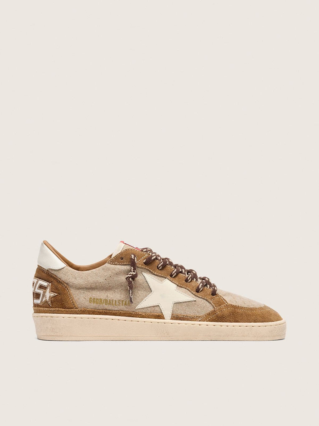Golden Goose Ball Star Uomo in Lana con Stella in Pelle Crema e Inserti in Pelle Cerata Marrone