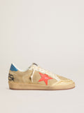 Golden Goose Ball Star Uomo in Suede Beige con Stella in Pelle Corallo e Talloncino in Nappa Blu