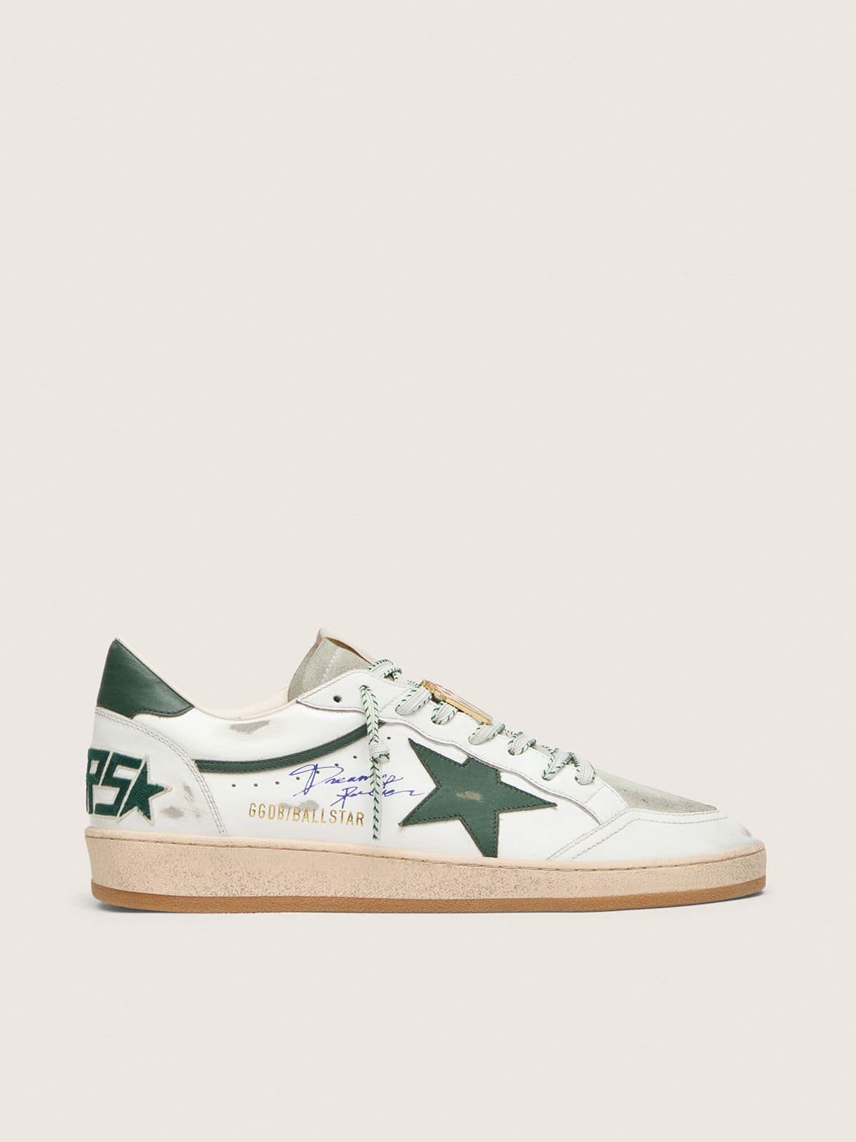 Golden Goose Ball Star Ltd Uomo in Pelle Bianca con Stella Verde e Skins Applicata