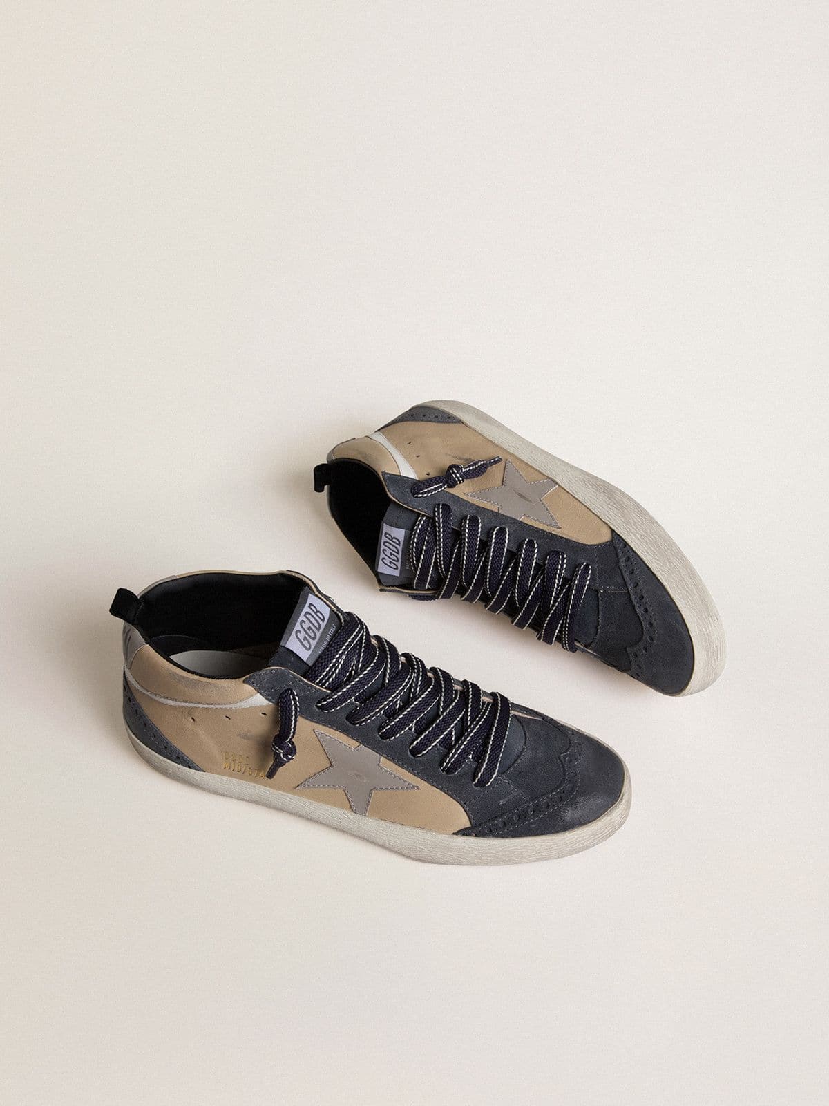 Golden Goose Mid Star Uomo in Suede Beige e Blu con Stella in Nappa Grigia e Virgola in Pelle Bianca