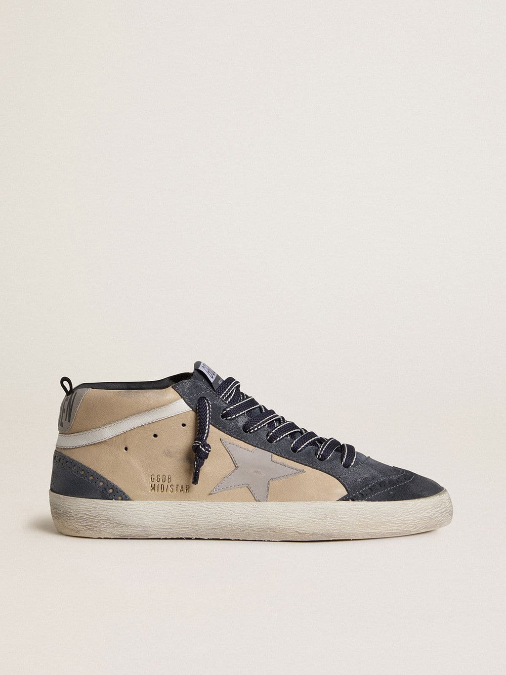 Golden Goose Mid Star Uomo in Suede Beige e Blu con Stella in Nappa Grigia e Virgola in Pelle Bianca