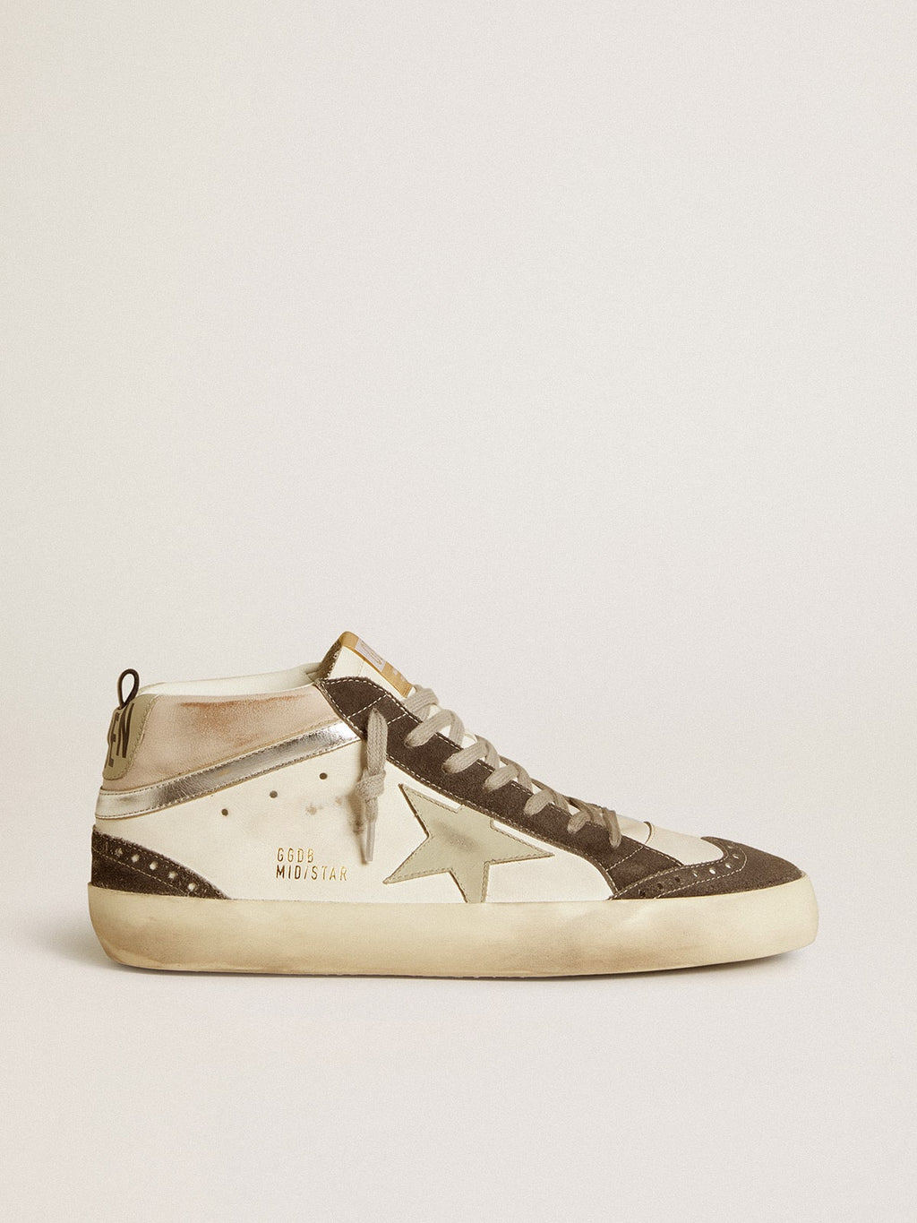 Golden Goose Mid Star con Stella in Pelle Grigia e Virgola in Pelle Laminata Argento