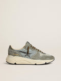 Golden Goose Running Sole Uomo in Nylon Azzurro con Stella Nera e Talloncino in Pelle Verde