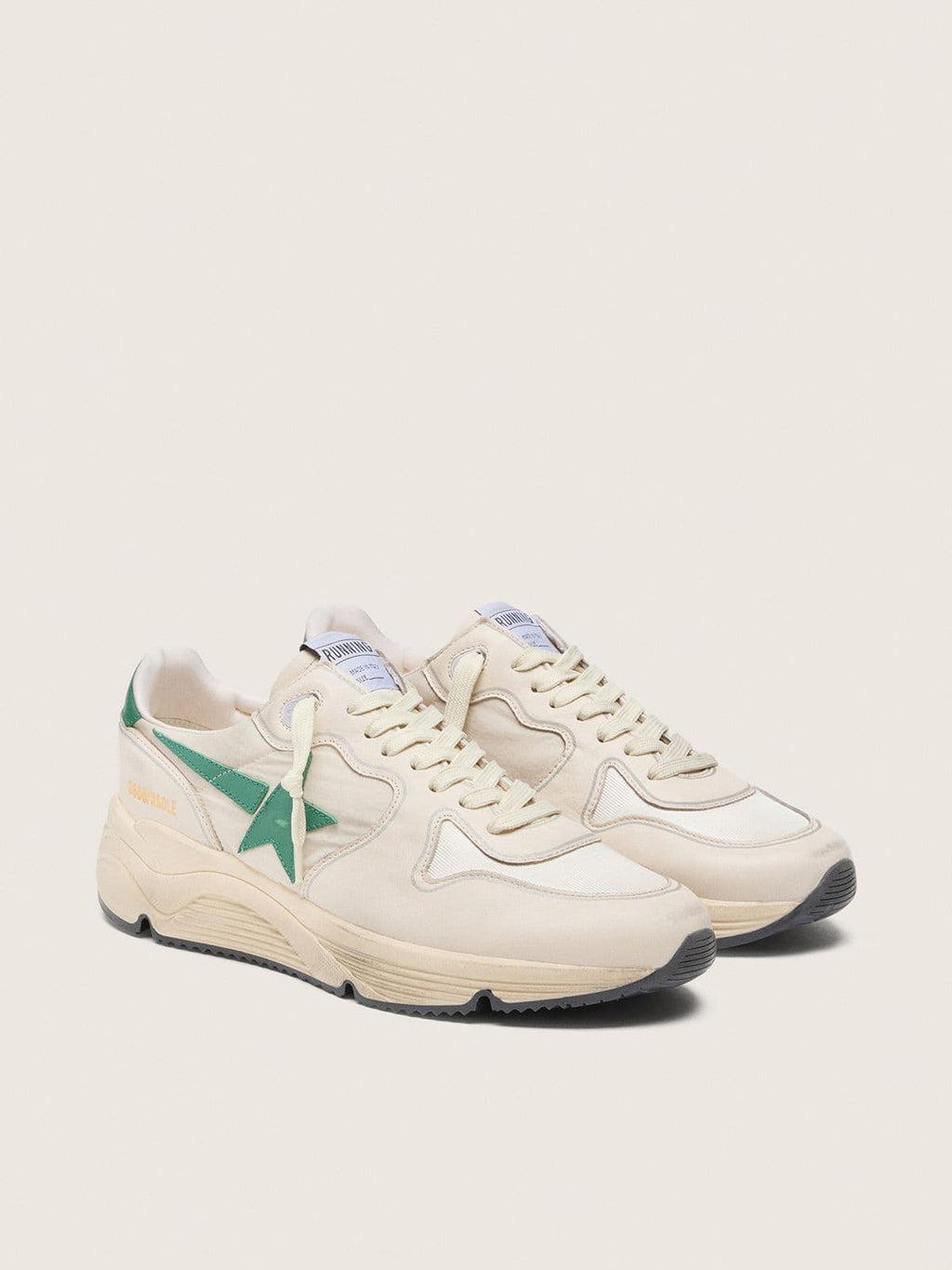 Golden Goose Running Sole Uomo in Nylon e Pelle Crema con Stella in Pelle Verde