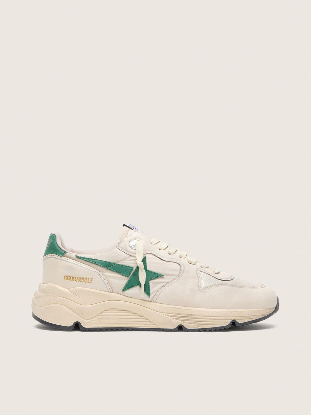 Golden Goose Running Sole Uomo in Nylon e Pelle Crema con Stella in Pelle Verde