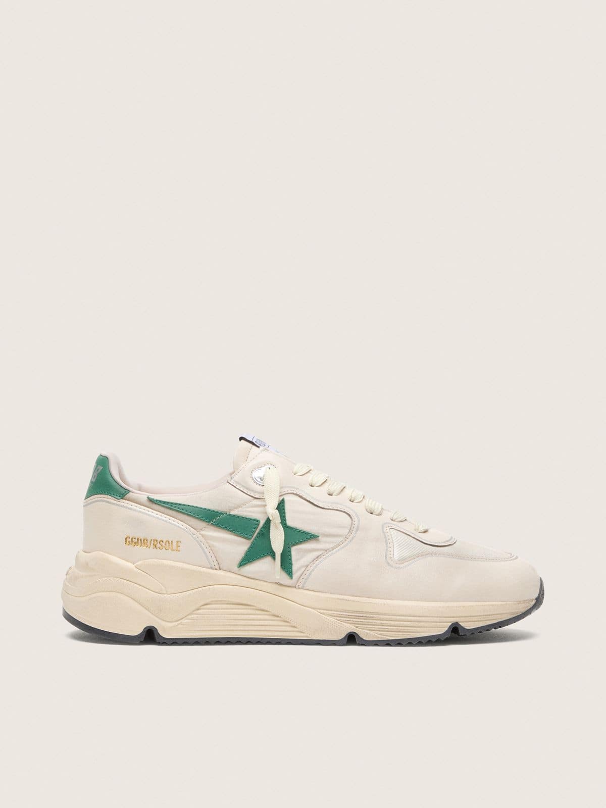 Golden Goose Running Sole Uomo in Nylon e Pelle Crema con Stella in Pelle Verde