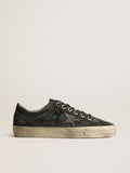 Golden Goose V Star Uomo in Canvas A Righe Nere e Verdi con Stella e Punta in Pelle Nera