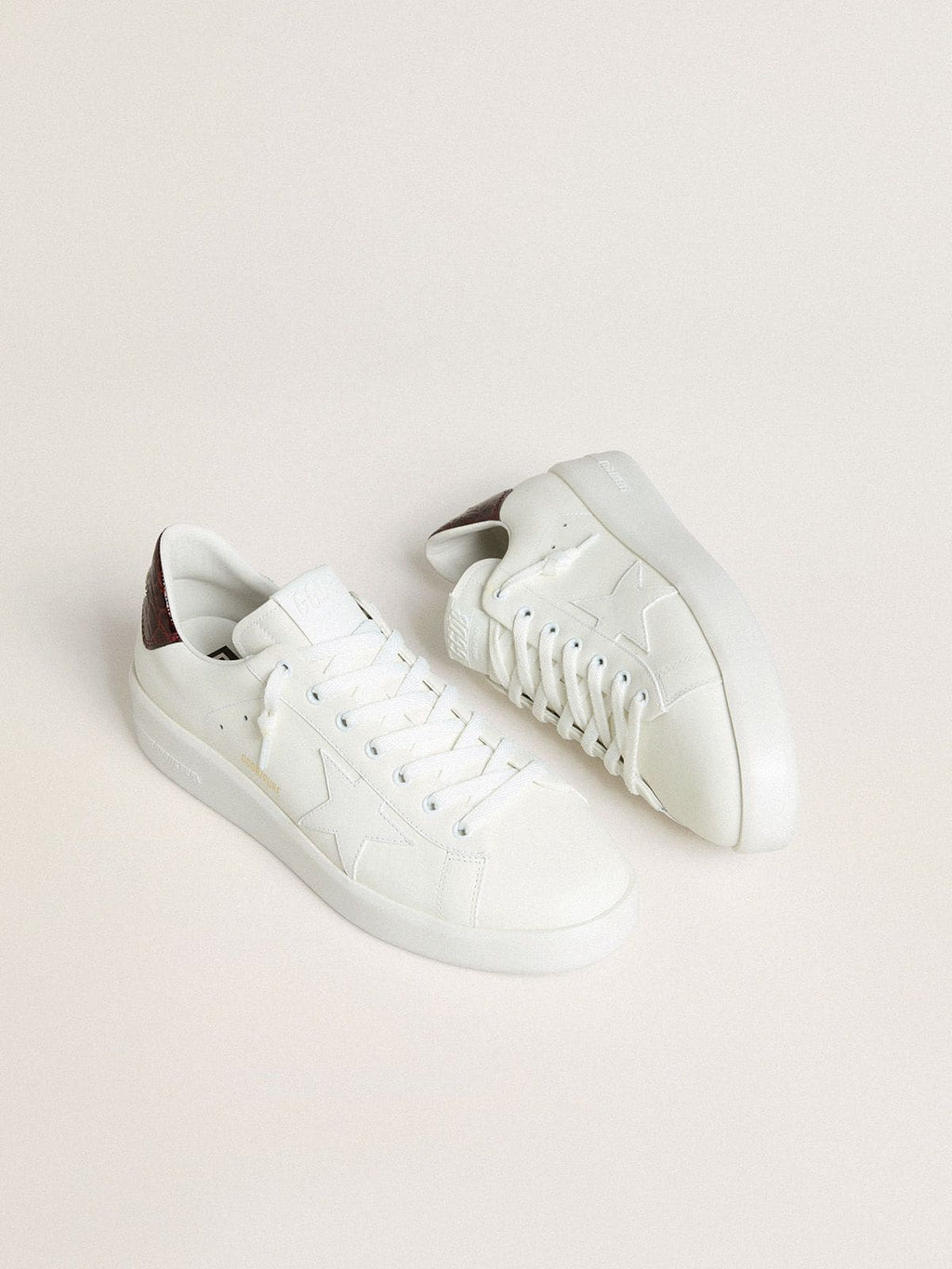Golden Goose Purestar Uomo con Stella in Pelle Bianca e Talloncino in Pelle Bordeaux Cocco
