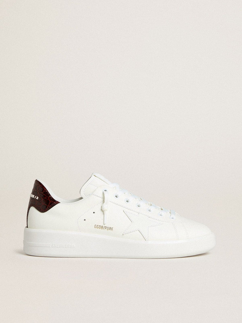 Golden Goose Purestar Uomo con Stella in Pelle Bianca e Talloncino in Pelle Bordeaux Cocco