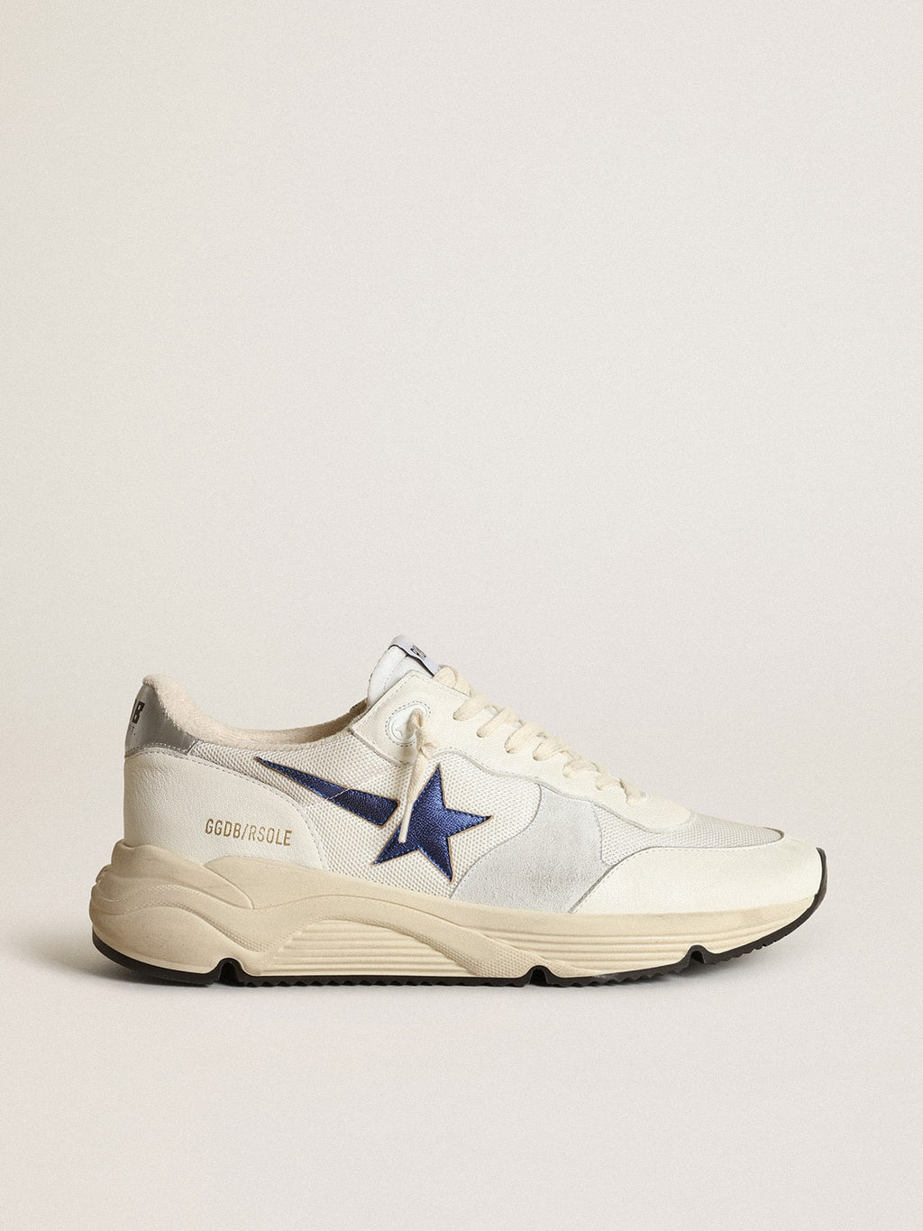 Golden Goose Running Sole in Pelle e Rete Bianche con Stella in Pelle Laminata Blu