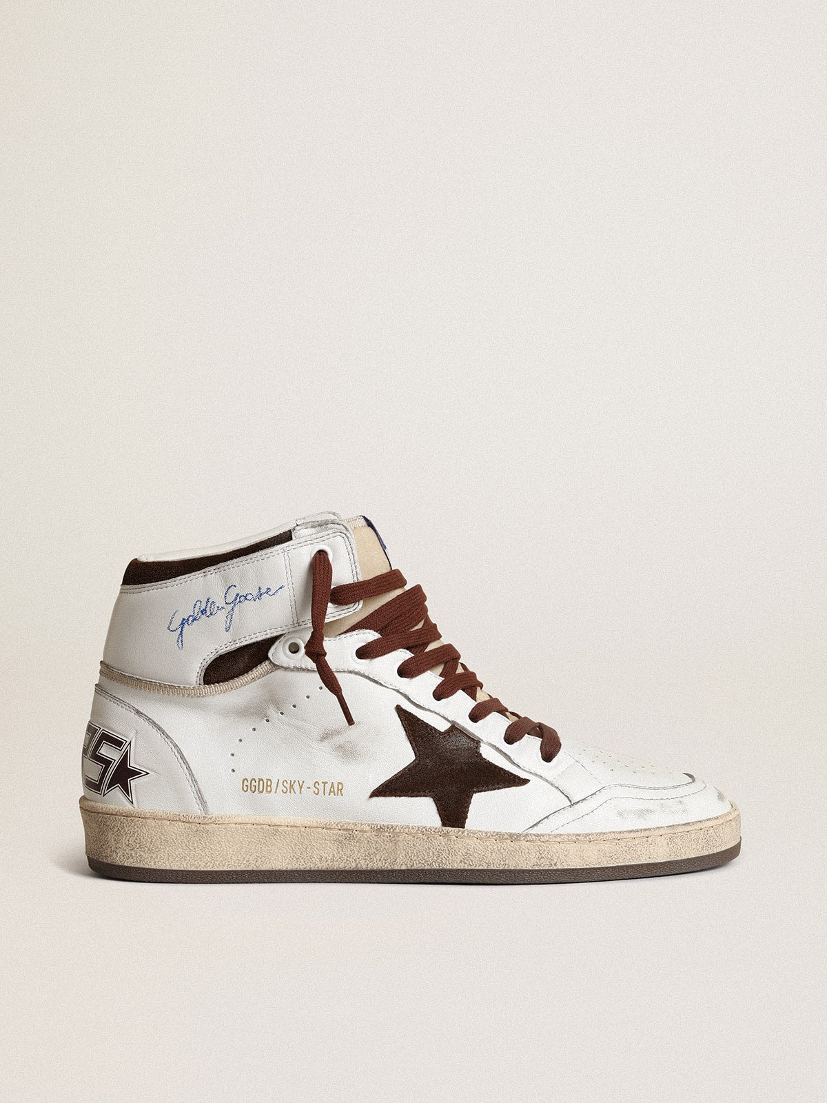 Golden Goose Sky Star Uomo in Nappa Bianca con Stella in Suede Cioccolato