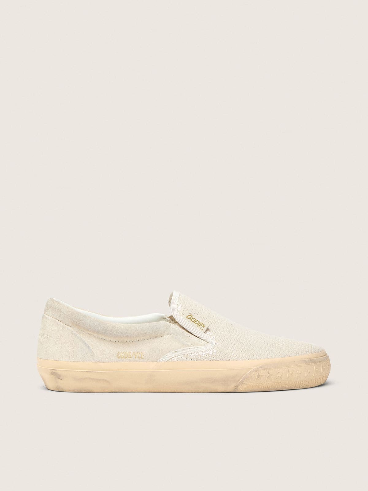 Golden Goose Vce Penstar Uomo in Suede Beige e Pailletes Color Perla