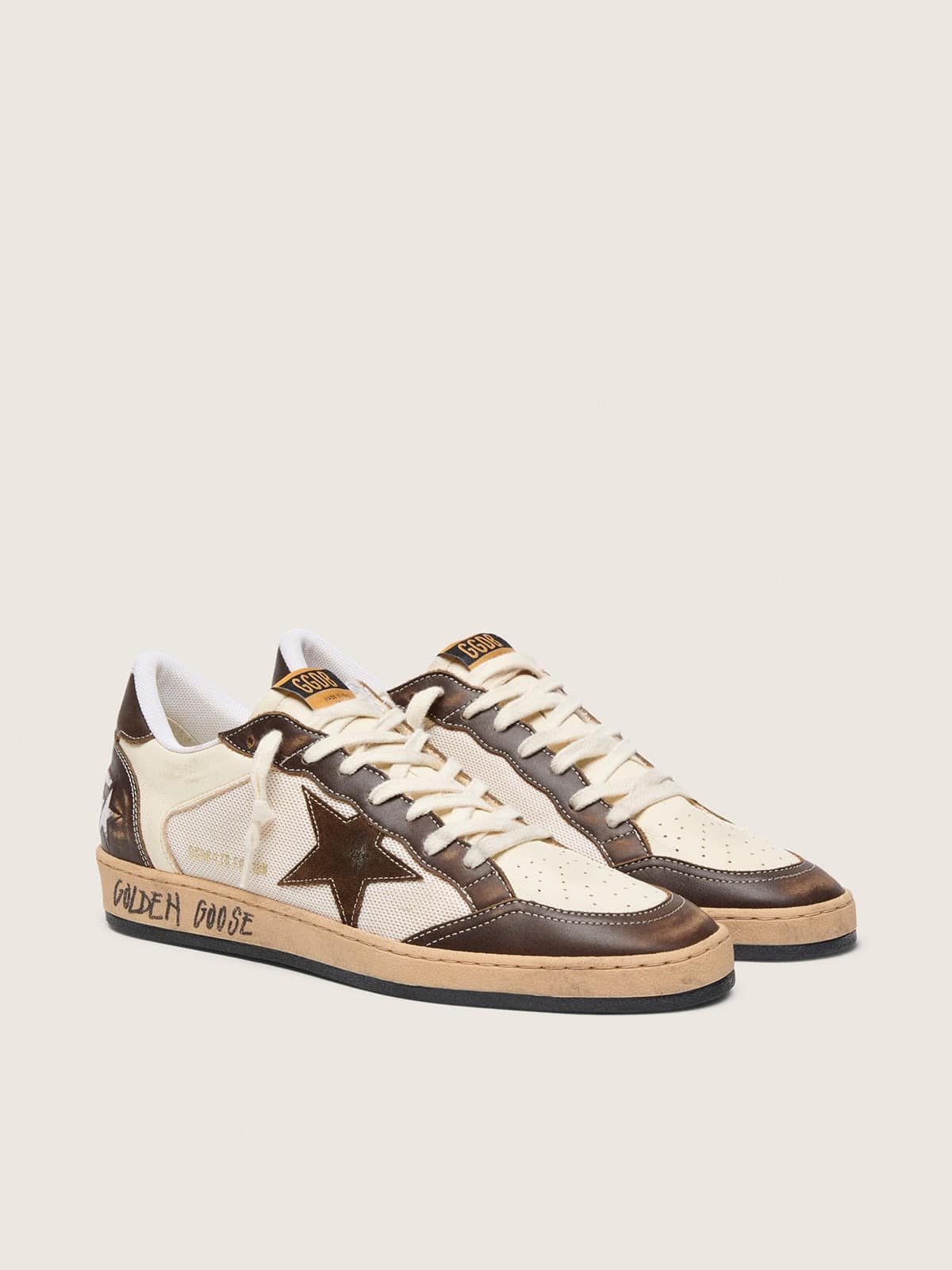 Golden Goose Ball Star Uomo in Nappa e Rete con Stella in Suede e Inserti in Pelle Marrone