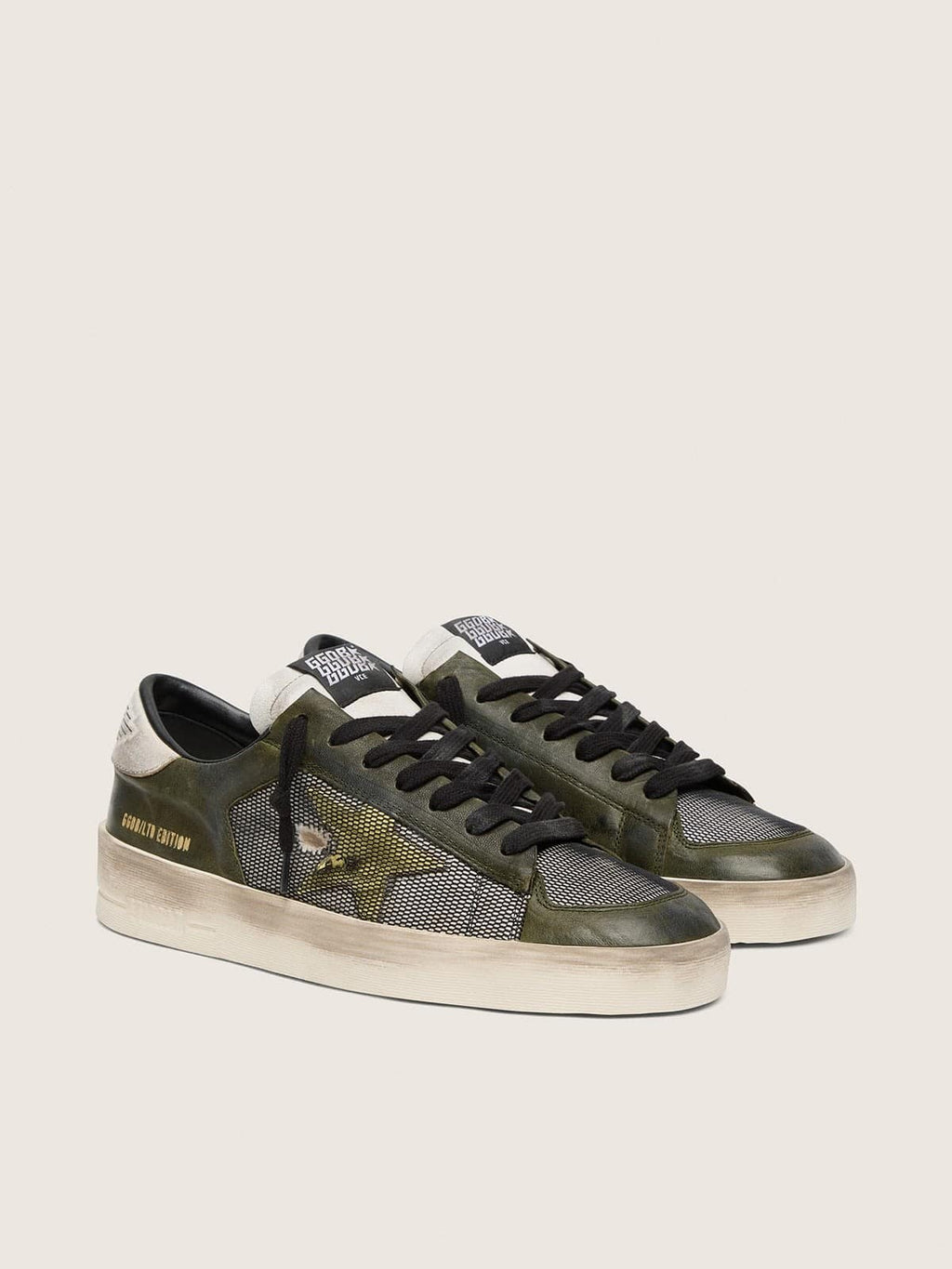Golden Goose Stardan Ltd Uomo in Pelle Bianca e Verde Oliva con Rete Nera e Stella in Pelle Gialla