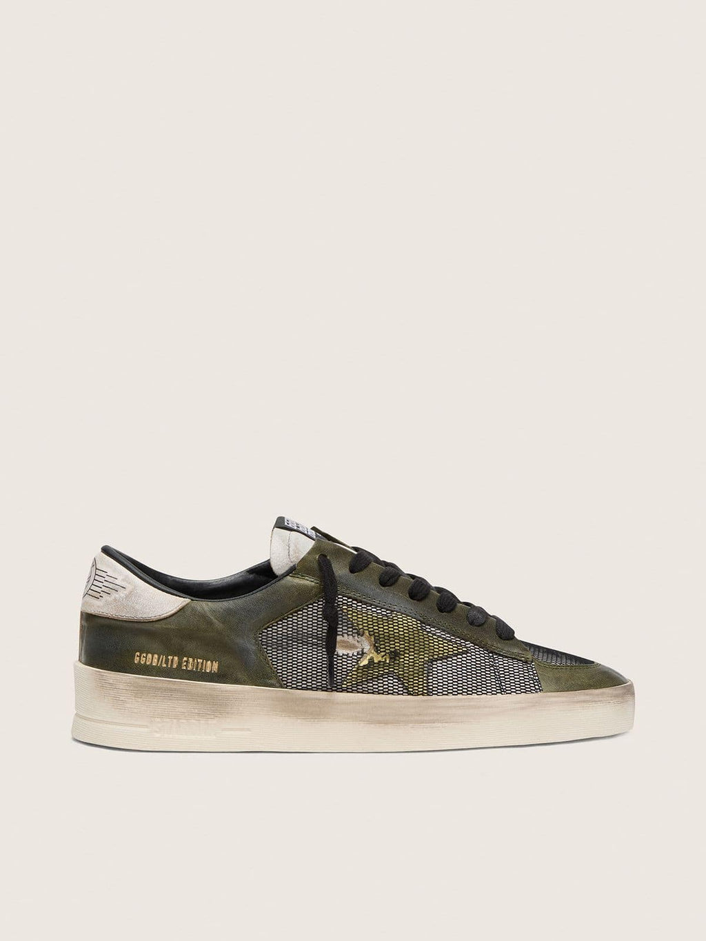 Golden Goose Stardan Ltd Uomo in Pelle Bianca e Verde Oliva con Rete Nera e Stella in Pelle Gialla