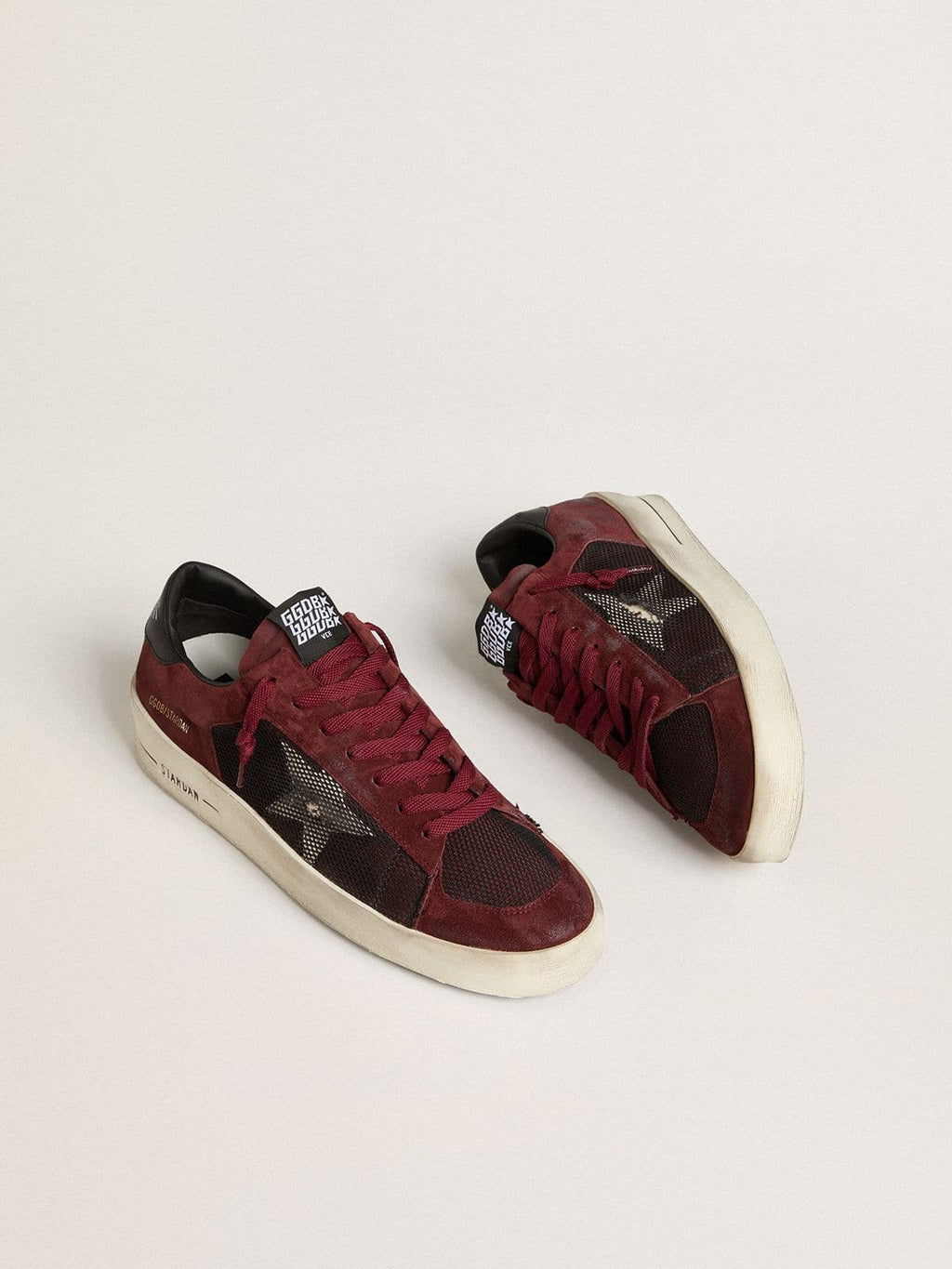 Golden Goose Stardan Uomo in Rete Nera e Suede Bordeaux con Stella in Pelle Bianca