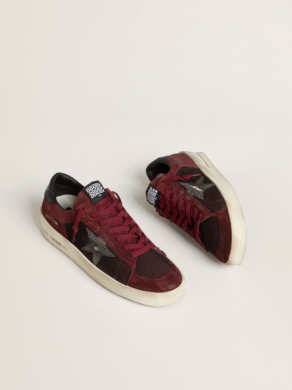 Golden Goose Stardan Uomo in Rete Nera e Suede Bordeaux con Stella in Pelle Bianca