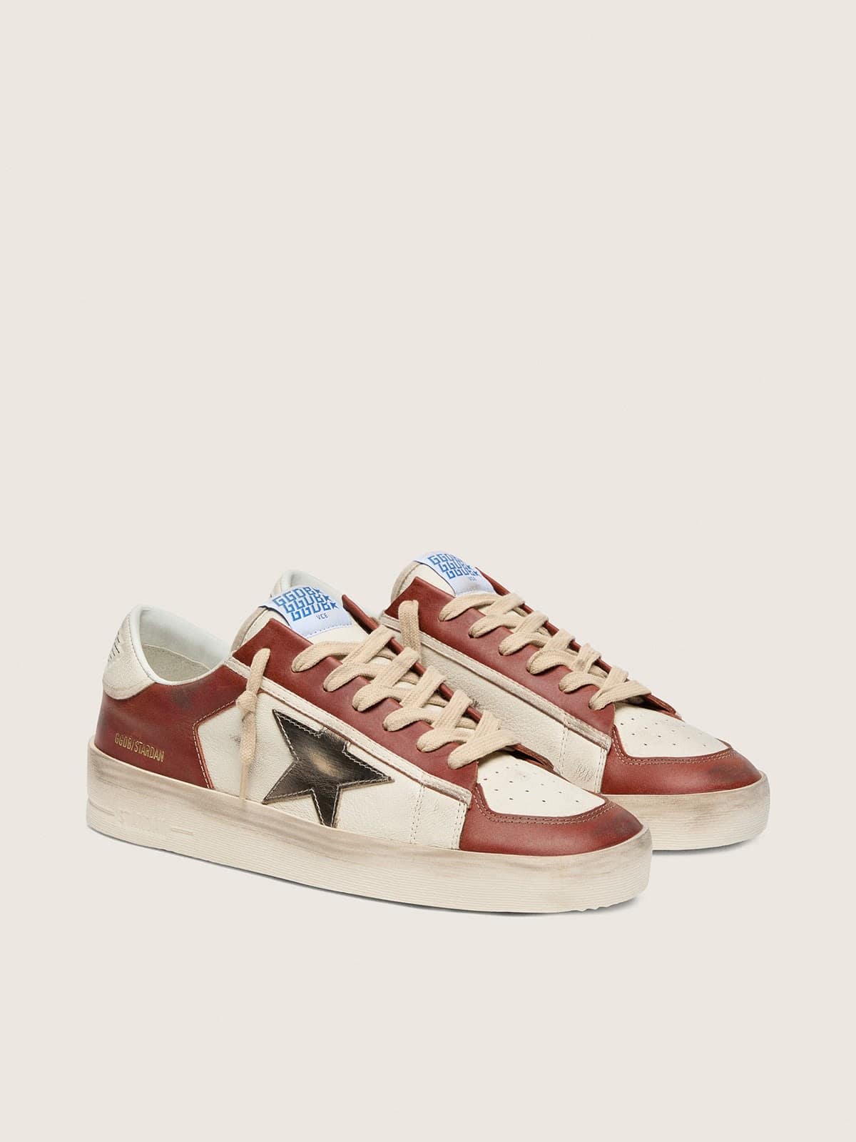 Golden Goose Stardan Uomo in Pelle Bianca e Mattone con Stella in Pelle Laminata Verde Oliva