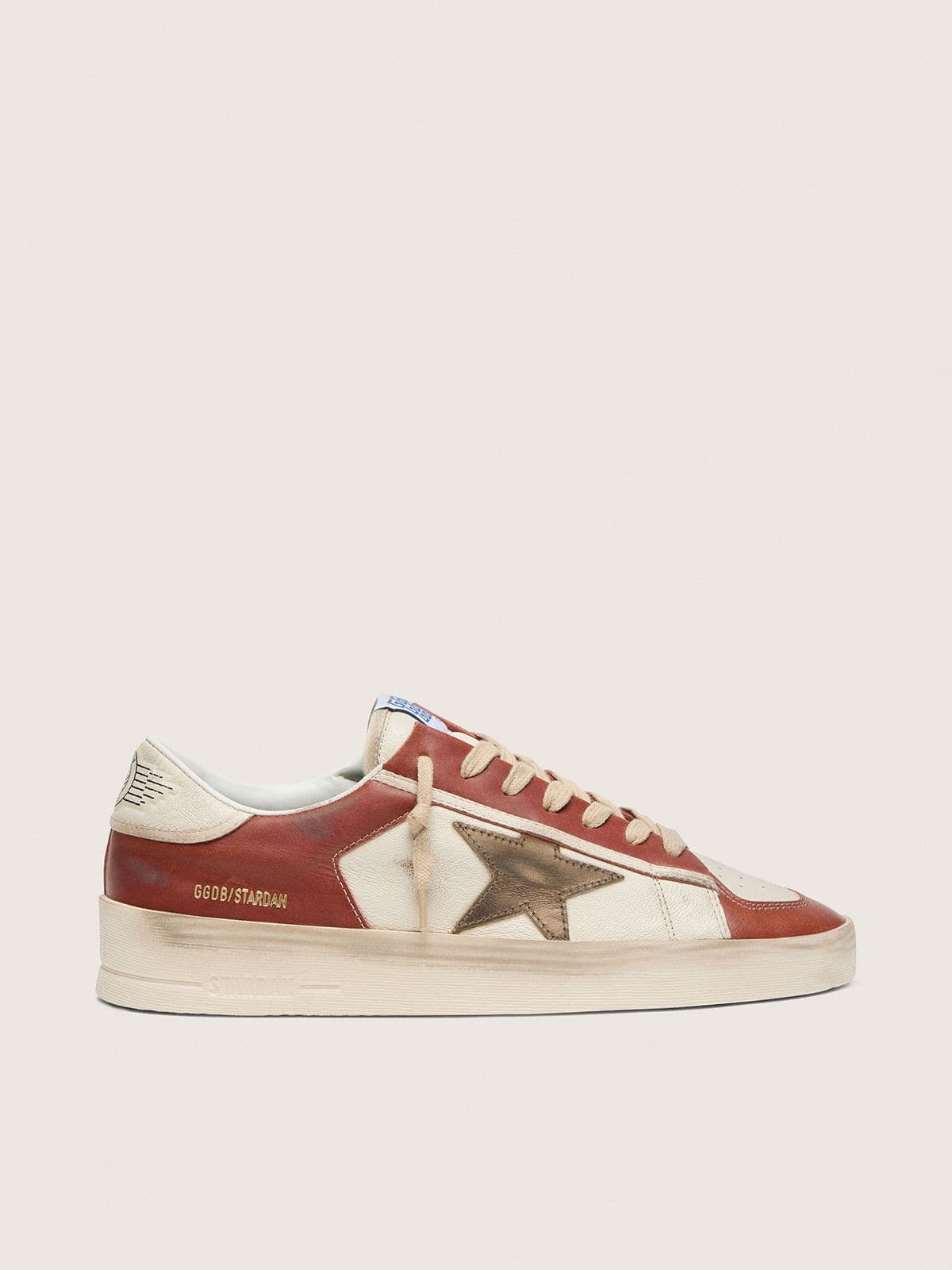 Golden Goose Stardan Uomo in Pelle Bianca e Mattone con Stella in Pelle Laminata Verde Oliva