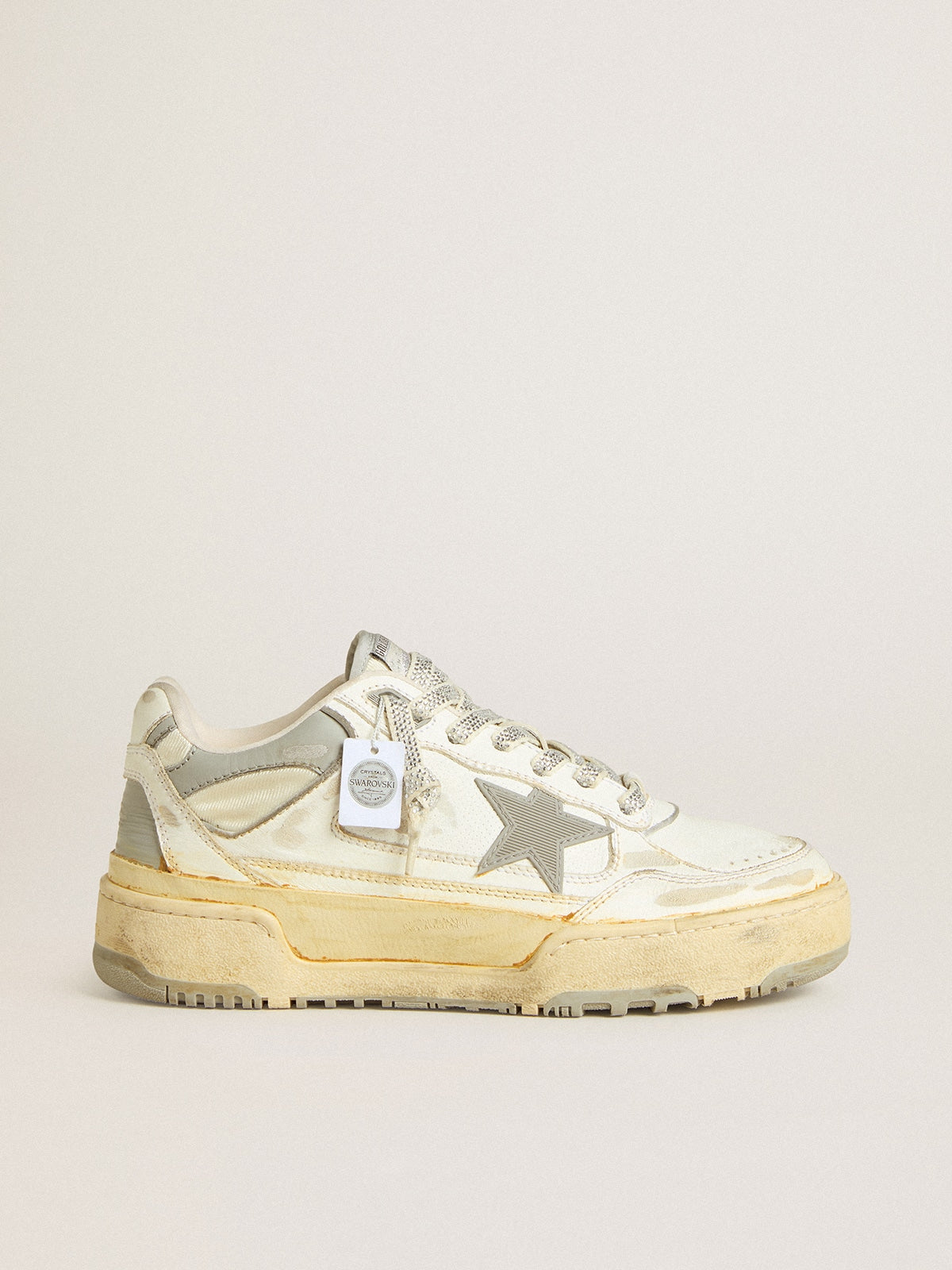 Golden Goose Forty2 Uomo in Pelle Bianca e Lacci con Cristalli Swarovski e Stella Grigia