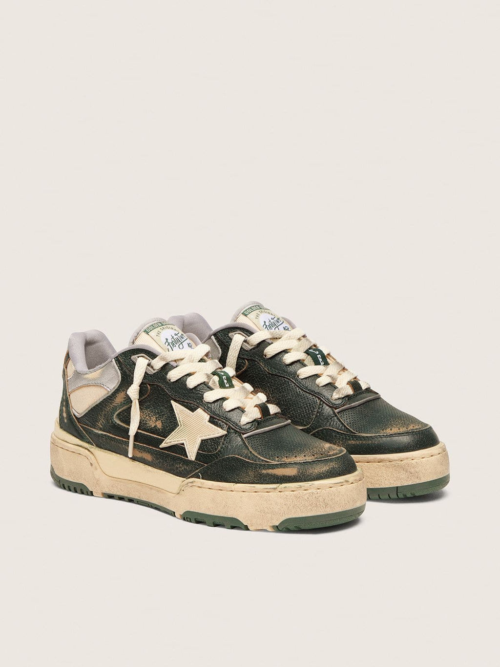 Golden Goose Forty2 Uomo in Pelle Verde e Nylon Crema con Stella in Tpu e Talloncino in Pelle Argento