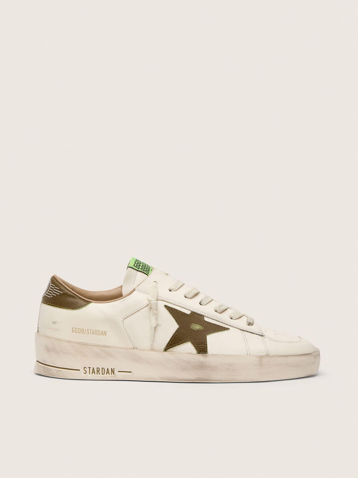 Golden Goose Stardan Uomo in Pelle Bianca con Stella e Talloncino in Pelle Verde Militare con Stampa Pitonata
