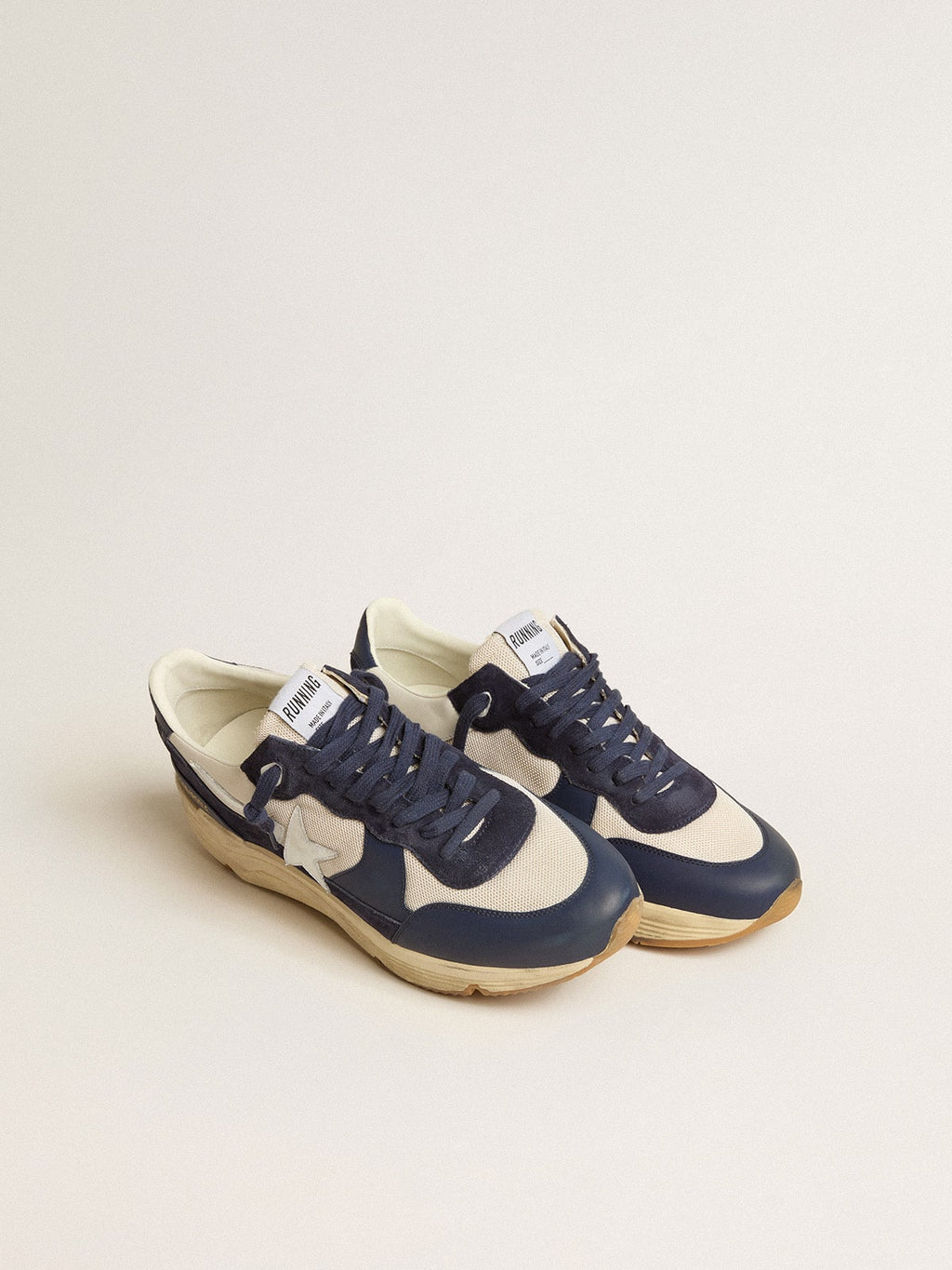 Golden Goose Running Sole in Rete Crema e Pelle Blu con Stella in Pelle Bianca