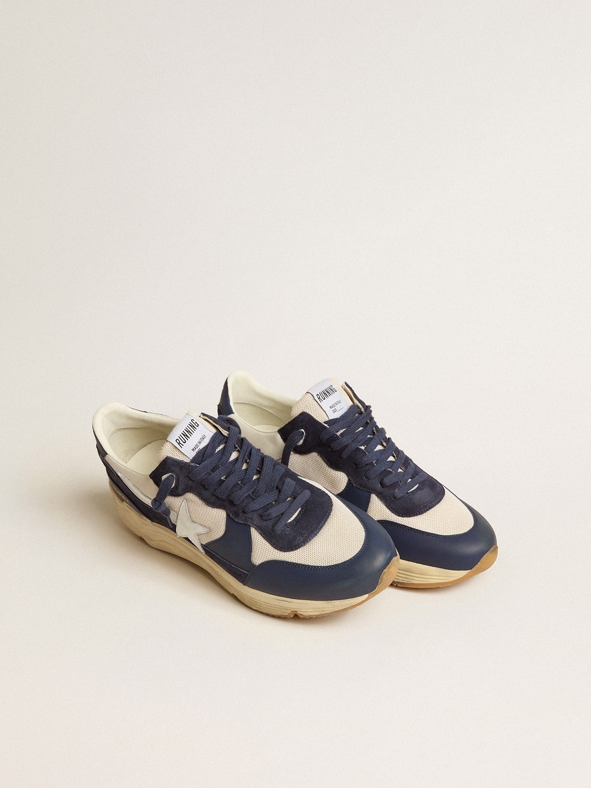 Golden Goose Running Sole in Rete Crema e Pelle Blu con Stella in Pelle Bianca