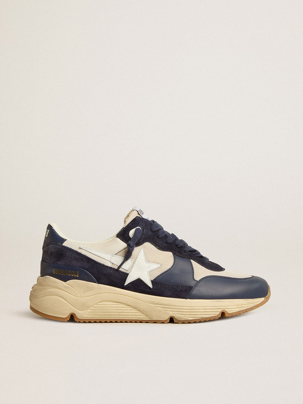 Golden Goose Running Sole in Rete Crema e Pelle Blu con Stella in Pelle Bianca